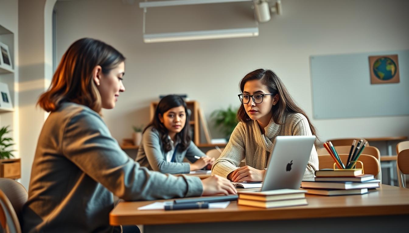 Students studying together in modern classroom